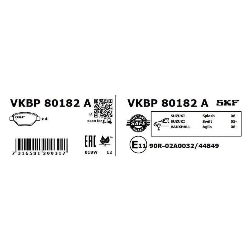 SKF Bremsbelagsatz, Scheibenbremse VKBP 80182 A - VKBP80182A für D1060-1HA0A