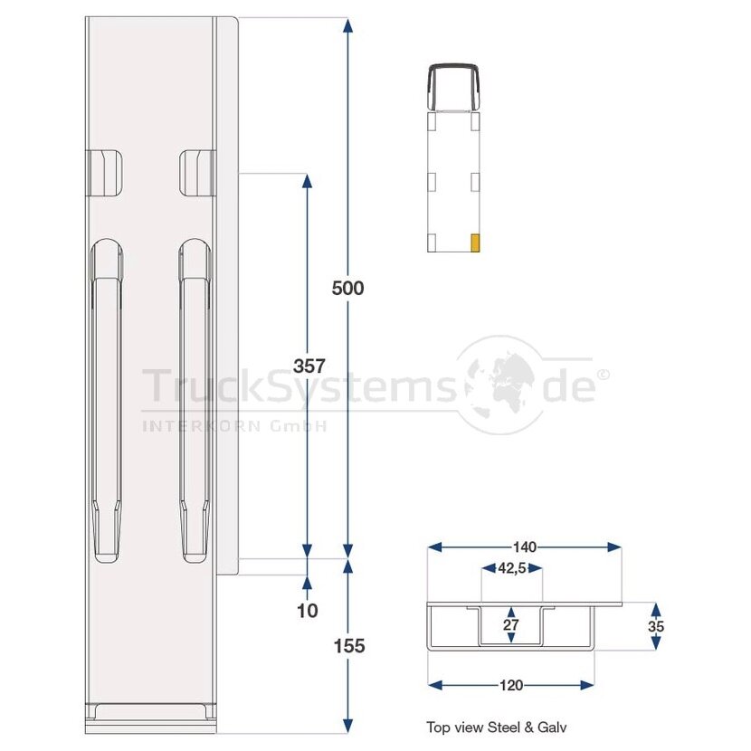 KINNEGRIP K20 Eckrunge hinten, rechts, Stahl KTL, 500 mm, m.Verschluss,DV - 205001