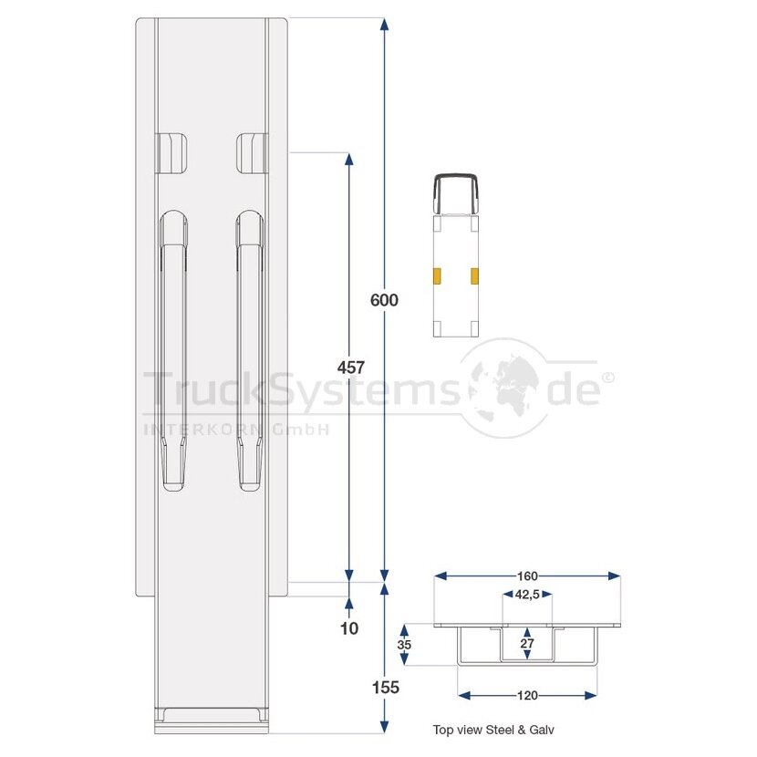 KINNEGRIP K20 Mittelrunge, Stahl, schwarz KTL, 600 mm, ohne Aufnahme - 206201