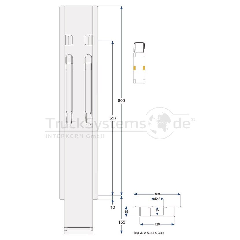 KINNEGRIP K20 Mittelrunge, Stahl, schwarz KTL, 800 mm, TIR, ohne Aufnahme - 208241