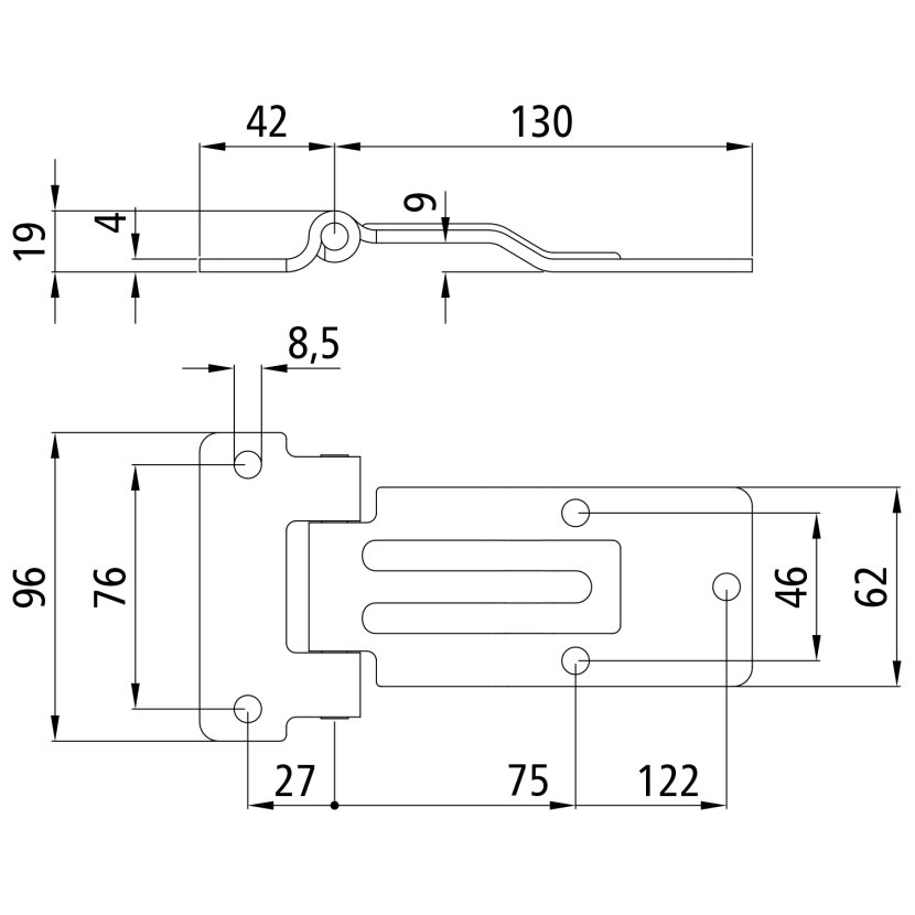 PASTORE & LOMBARDI Möbelwagenscharnier, verzinkt, L 172 mm, B 62/96 mm, H 11 mm - 070922016A