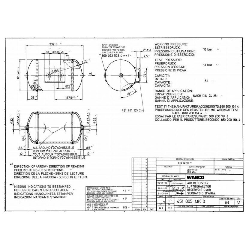 Luftkessel Druckluftbehälter 5 l - 4510054800 - 451 005 480 0