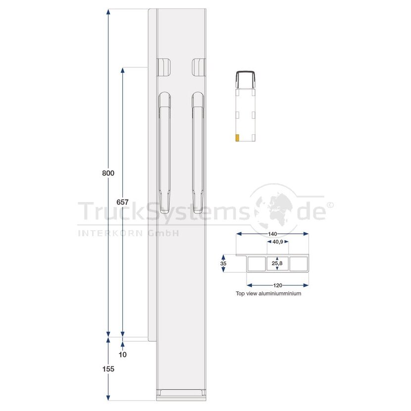 KINNEGRIP K20 Eckrunge hinten, li, Alu eloxiert,800mm,TIR,m.Verschluss,DV - 208942