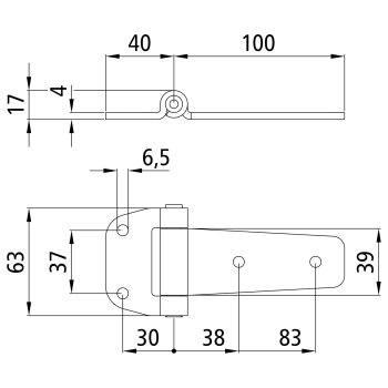 Seitentürscharnier, rostfrei, L 140 mm, B 39/63 mm,...