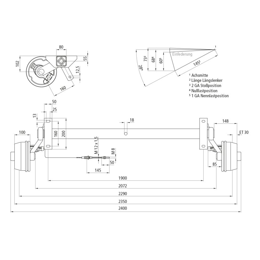 Gummifederachse CB 1505-mit Bremse-5/112-1900 AM/2290 Spur