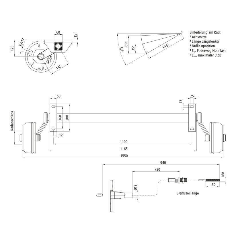 Gummifederachse GFA 1350 - 5/67/112 mit Bremse, 1100 mm AM