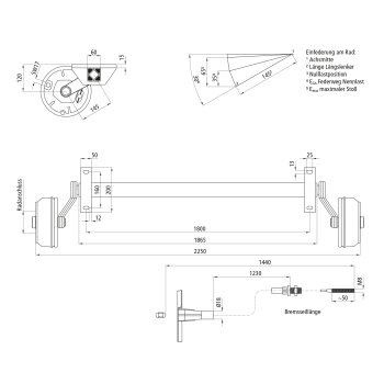 Gummifederachse GFA 1350 - 5/67/112, mit Bremse, 1800 mm AM