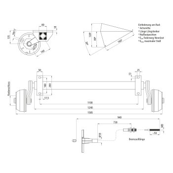 Gummifederachse GFA 1580 - 5/67/112, mit Bremse, 1100 mm AM