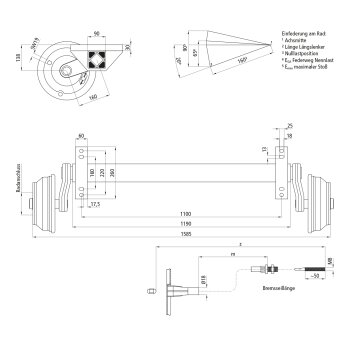 Gummifederachse GFA 1880 - 5/67/112, mit Bremse, 1100 mm AM
