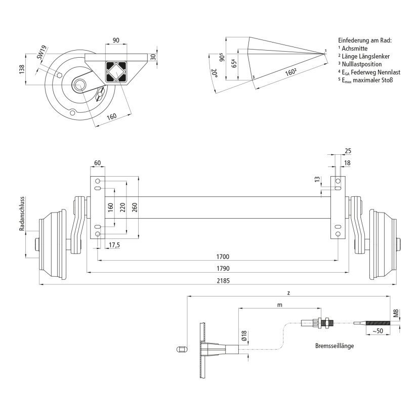 Gummifederachse GFA 1880 - 5/67/112, mit Bremse, 1700 mm AM