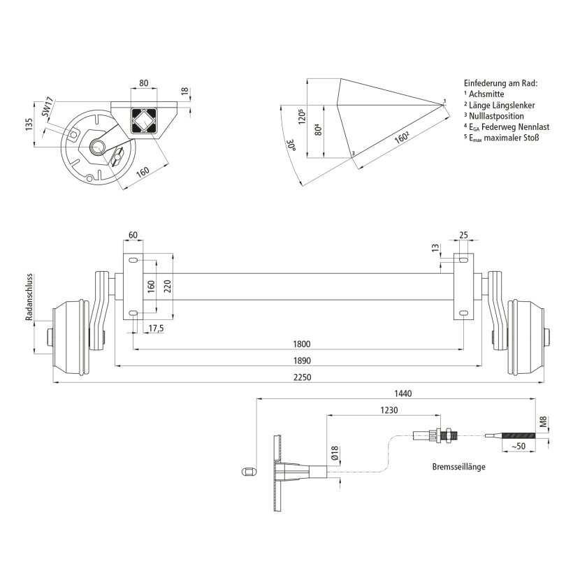 Gummifederachse GFA 1500 ET 0,5/67/112, mit Bremse, 1800 mm AM