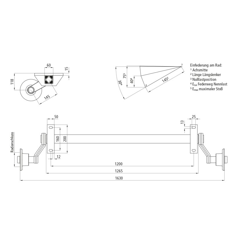Gummifederachse GFA 1350 K - 5/67/112, ohne Bremse, 1200 mm AM