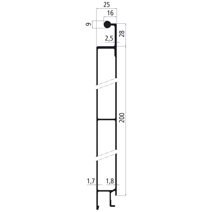 Alu 25er SL, 228er Oberteil passend für Unterwand, pressblank