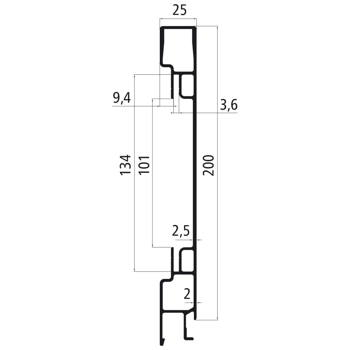 Alu 25er SL, 200er Oberteil für Zurrleiste, pressblank, 7500mm