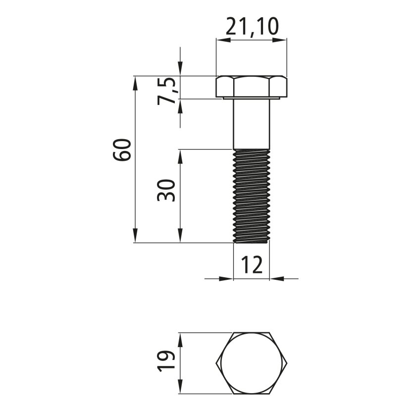 Sechskantschrauben mit Schaft, verzinkt, M 12 x 60