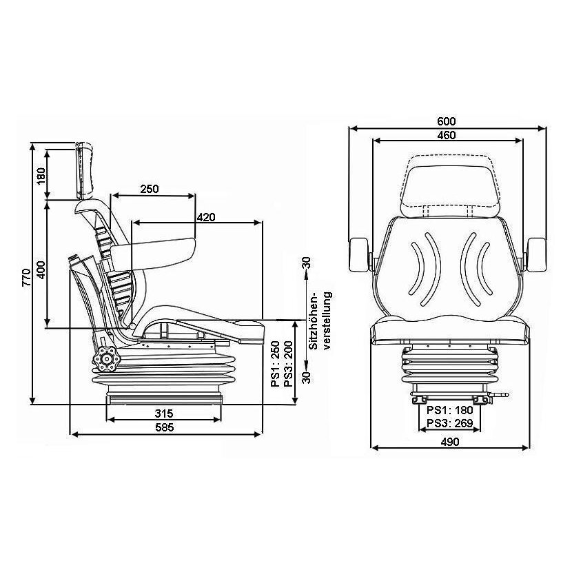 Schleppersitz ( IHC ) Oki-Aria PVC - luftgefedert - Traktorsitz Konsole gerade, universell