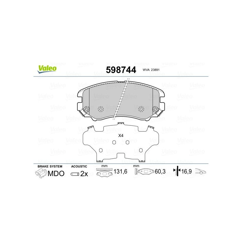 VALEO Bremsbelagsatz, Scheibenbremse 598744 für 58101-1FA50