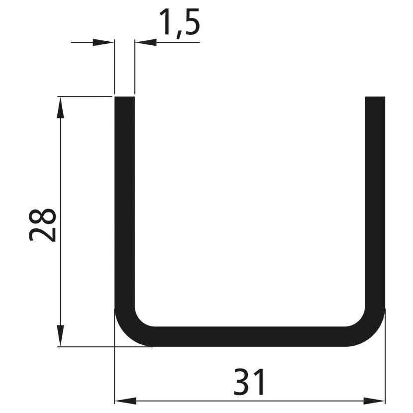 Bordwand-U-Stahl, DX51D, verzinkt, 6000 mm, 31 x 28 x 1,5 mm