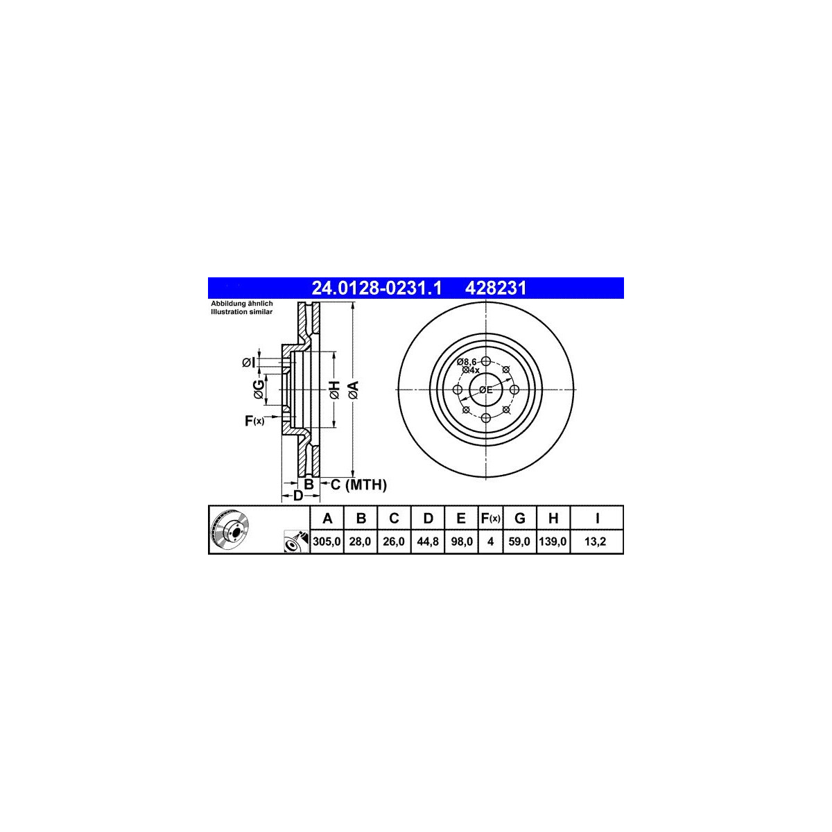 ATE Bremsscheibe 24.0128-0231.1 - 24012802311 für 51813785