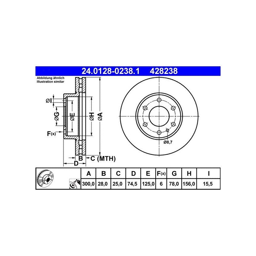 ATE Bremsscheibe 24.0128-0238.1 - 24012802381 für 2996131
