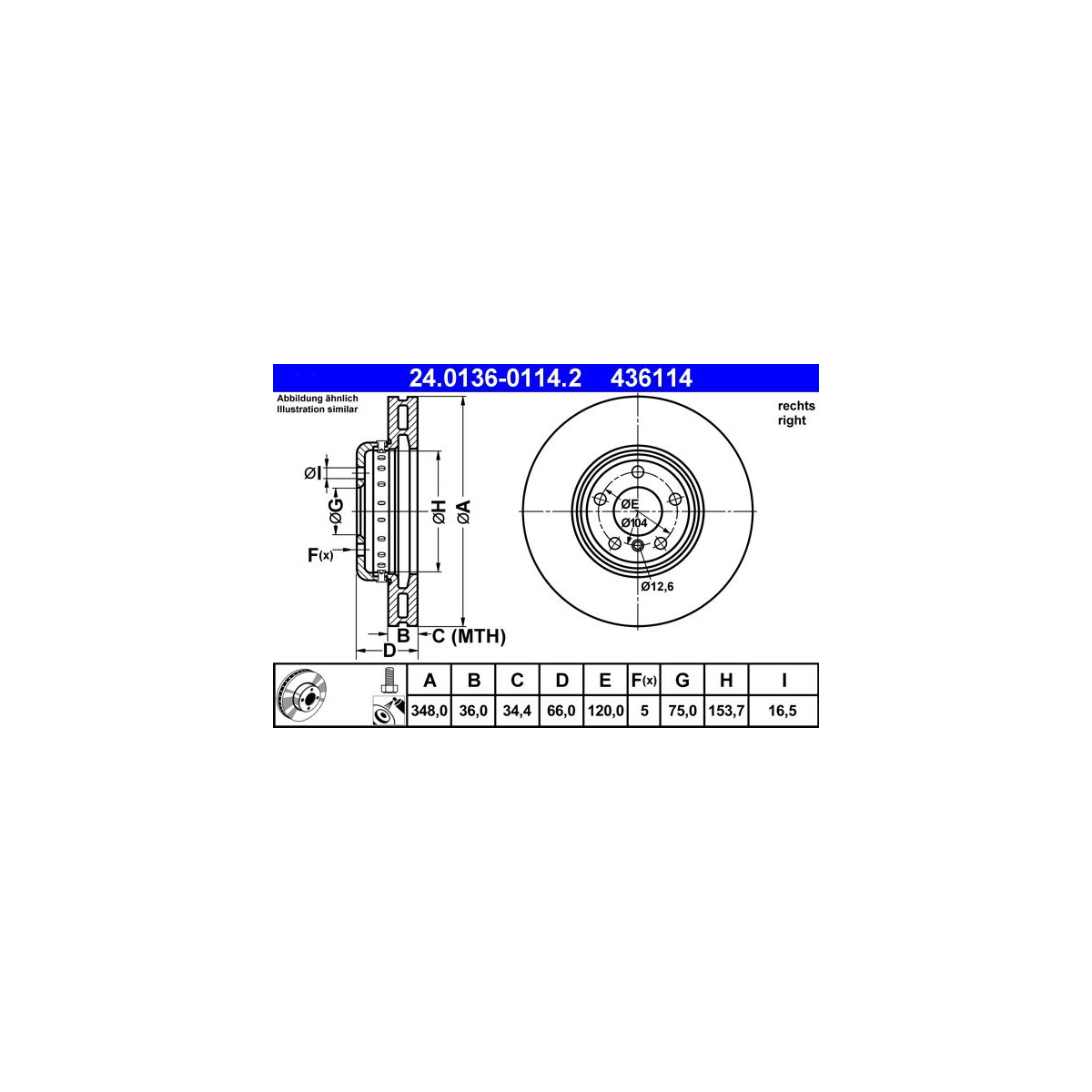 ATE Bremsscheibe 24.0136-0114.2 - 24013601142 für 34 11 6 785 670