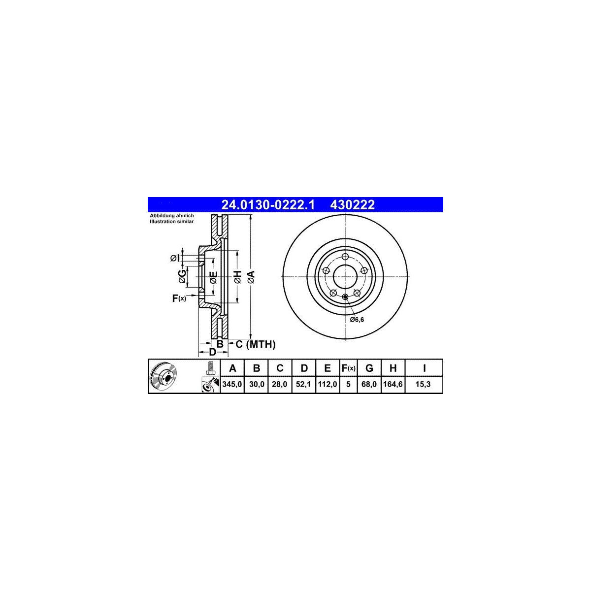 ATE Bremsscheibe 24.0130-0222.1 - 24013002221 für 95B 615 301 B