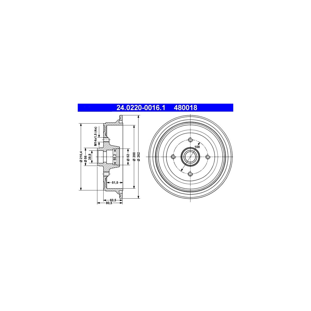 ATE Bremstrommel 24.0220-0016.1 - 24022000161 für 893 501 615