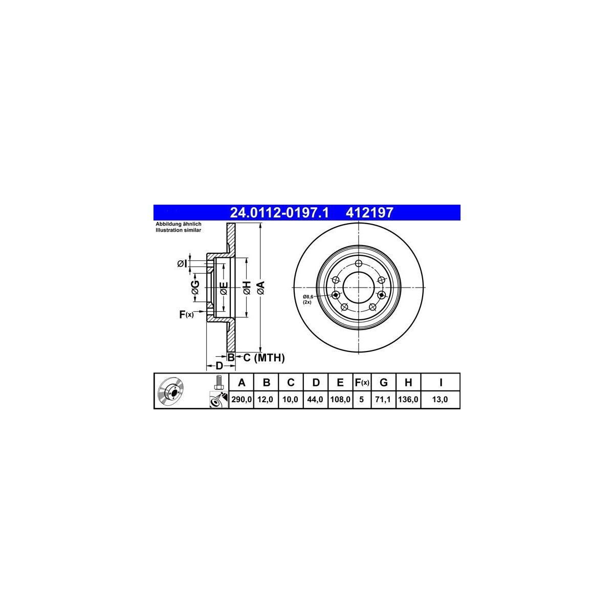 ATE Bremsscheibe 24.0112-0197.1 - 24011201971 für 4249 G2