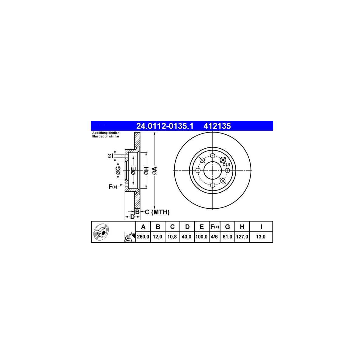ATE Bremsscheibe 24.0112-0135.1 - 24011201351 für 3410294