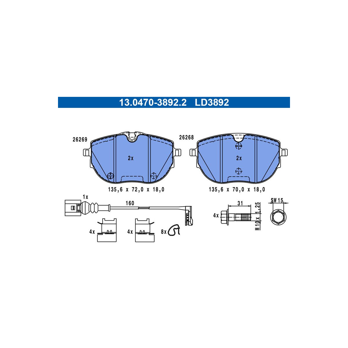 ATE Bremsbelagsatz, Scheibenbremse 13.0470-3892.2 - 13047038922 für 7LA 698 151 B