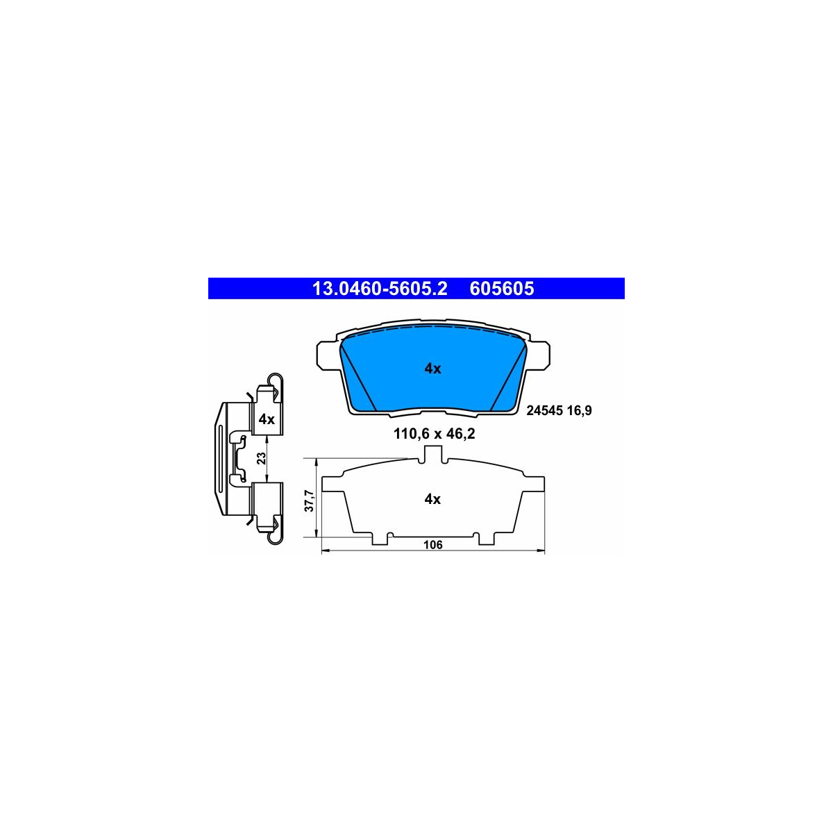 ATE Bremsbelagsatz, Scheibenbremse 13.0460-5605.2 - 13046056052 für L2Y7-26-43Z
