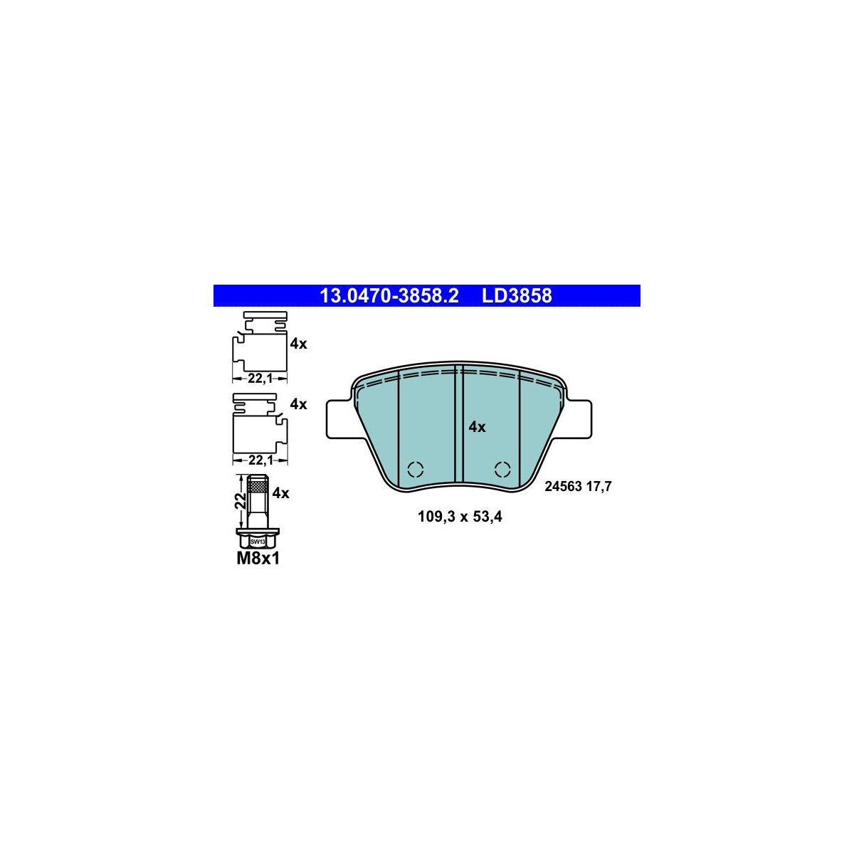 ATE Bremsbelagsatz, Scheibenbremse 13.0470-3858.2 - 13047038582 für JZW 698 451 Q