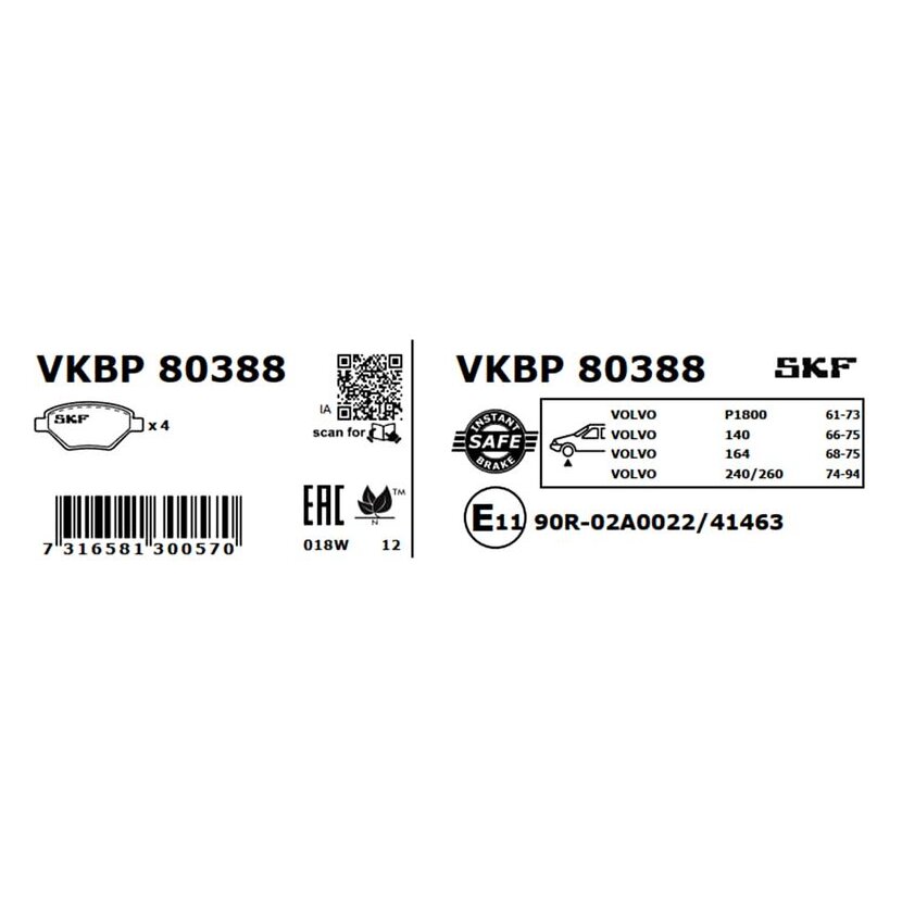 SKF Bremsbelagsatz, Scheibenbremse VKBP 80388 - VKBP80388 für 2701639
