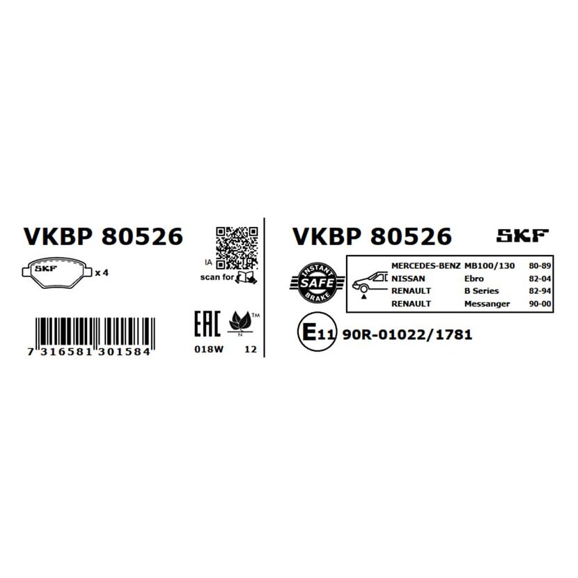 SKF Bremsbelagsatz, Scheibenbremse VKBP 80526 - VKBP80526 für 5001 834 527