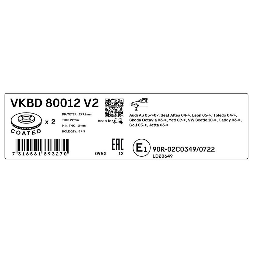 SKF Bremsscheibe VKBD 80012 V2 - VKBD80012V2 für 1K0 615 301AC