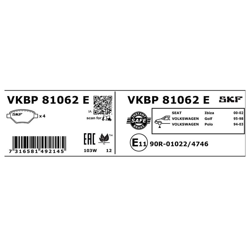 SKF Bremsbelagsatz, Scheibenbremse VKBP 81062 E - VKBP81062E für 6Q0 698 151B